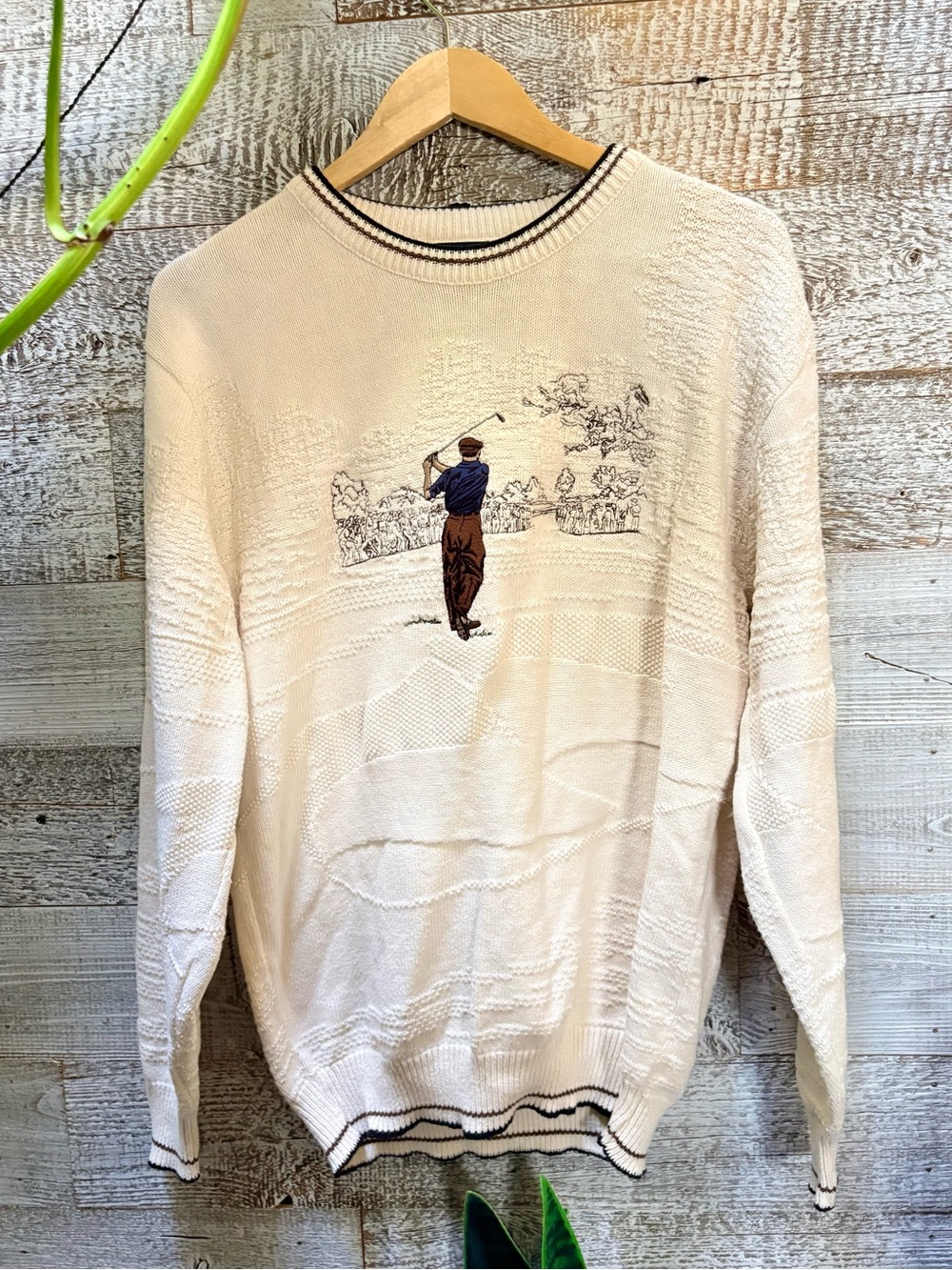 Pinnacle | Vintage Golf Embroidered Knit Crewneck Sweater - Men/Unisex M, Cream